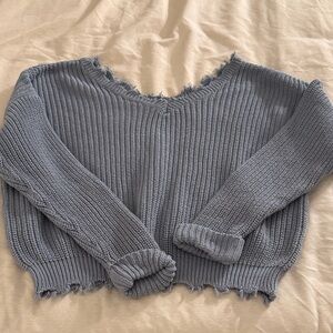 moon & madison V-Neck Frayed Hem Dusty Blue Sweater